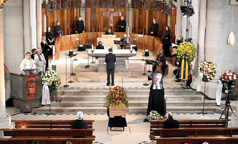 The casket and portrait of Swiss-born Father Hans Küng are pictured during his funeral Mass April 16, 2021, at the Catholic Church of St. John Evangelist in Tübingen, Germany. Photo: CNS photo/Bernd Weissbrod, pool via KNA