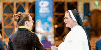 Dominican Sister Cecilia Joseph chats with a participant at the Come Follow Me retreat held at St Mary’s Cathedral on 13 June. More retreats are on offer throughout June and July across Sydney. PHOTO: Patrick J. Lee