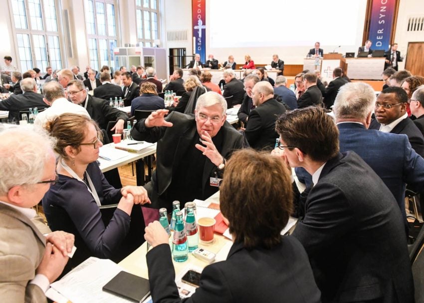 Auxiliary Bishop Karlheinz Diez of Fulda speaks Jan. 31, 2020, with synodal assembly participants in Frankfurt. Mrs Wallace says that the Church is not (and cannot be) governed by gatherings of the ordained and the laity who engage in ‘deep listening’ where everyone speaks their ‘feelings’ regardless of their spiritual, intellectual or human formation, and the statement of truth is deliberately withheld. Photo: CNS/Harald Oppitz, KNA