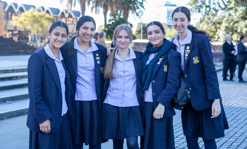 Bethlehem College students outside St Mary's Cathedral after a Mass marking the school's 140th anniversary. Photo: Bethlehem College, Ashfield