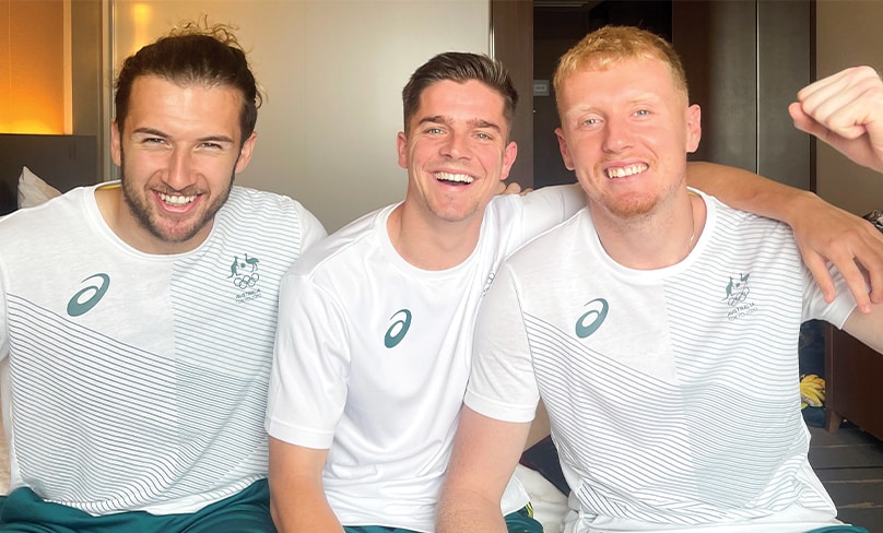 Going for gold … Olyroos and Shire boys Jordan Holmes, Cameron Devlin and Tom Glover in Tokyo. Photo: Supplied