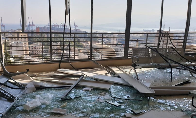 A room with a view of the port of Beirut at Lebanese Hospital Geitaoui is littered with debris in the aftermath of the 2020 blast. Photo: CNS, courtesy Geitaoui Hospital