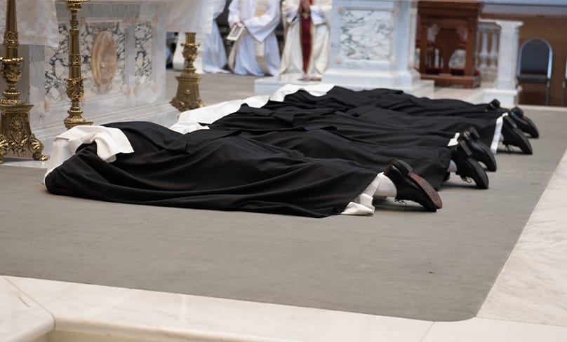 The six Dominican Sisters of St Cecilia lay prostrate during the profession of their final vows in Nashville, Tennessee. Photo: Sister Mary Justin Haltom, O.P.