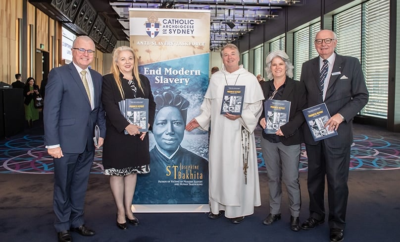 Executive Director, Finance and Administration, Archdiocese of Sydney, Michael Digges, left, joins Archbishop Anthony Fisher OP and Alison Rahill, Jenny Stanger and John McCarthy QC from the Anti-Slavery Taskforce. Photo: archdiocese of Sydney