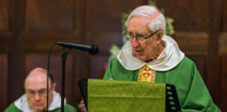 Father John Neill OP speaks at a Mass celebrating his 60th anniversary of ordination to the priesthood last year at St Benedict’s Church in Broadway attached to the Sydney campus of the University of Notre Dame Australia. Photo: Patrick J Lee