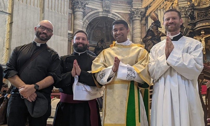 Present at the Ordination to the Deaconate of seminarian Bijoy Joseph was Sydney priest Fr Josh Miechels of the Emmanuel Community, far left. Photo: Fr Josh Miechels