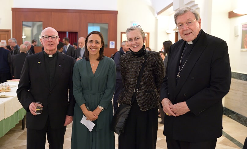 Celebrating the milestone are Fr Bob Hayes, Ambassador to the Holy See Chiara Porro, Australian Ambassador to Italy Margaret Twomey and Cardinal Pell. Photo: Domus Australia