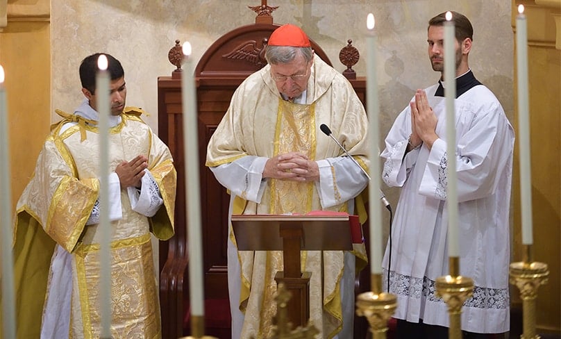 Celebrating Mass in the Our Lady of the Rosary and St Peter Chanel Chapel, Cardinal Pell with, at left, Deacon Bijoy Joseph from the Sydney Archdiocese and Deacon Andrew Kwiatkowski from the Archdiocese of Melbourne. Photo: Domus Australia