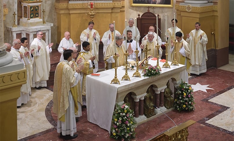 Cardinal George Pell and 16 Australian clergy concelebrate Mass in Our Lady of the Rosary and St Peter Chanel Chapel marking the 10th anniversary of Domus Australia. Photo: Domus Australia