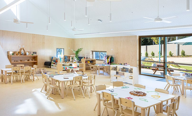St Joseph’s Preschool and Long Day Care at Rosebery incorporates the notion of ‘the environment as the third teacher’, and features raked ceilings, exposed timber doors and walls, and open and airy play rooms. Photo: Alphonsus Fok