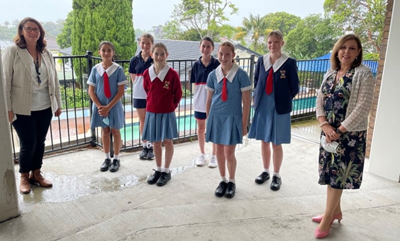 Mrs Joanne Fumari (CAPA Coordinator), OLMC Burraneer students Amber Govindrulu, Lara Best, Ashleigh Webster, Gabrielle Kent, Scarlett Davies, Tamyrn Schmidt and Mrs Leonie Pearce (Principal).