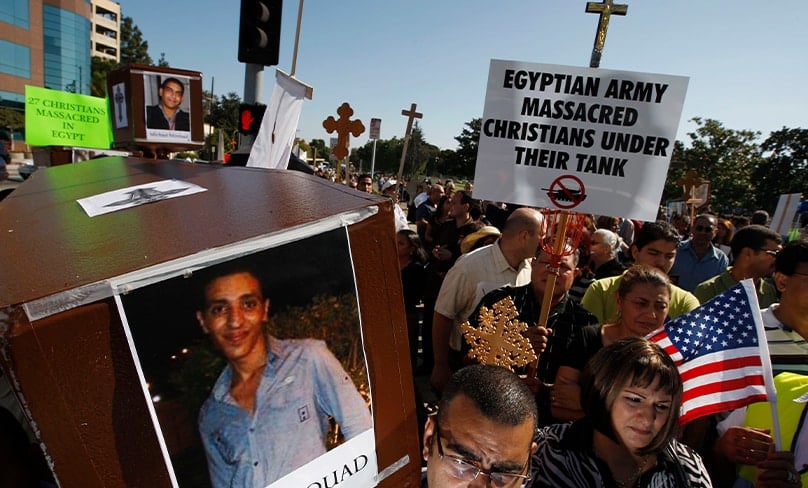 Coptic Christians carry mock coffins to represent people who died during clashes in Cairo between Christian protesters and military police; the demonstration took place in Los Angeles Oct. 16, 2011. Photo: CNS photo/David McNew, Reuters