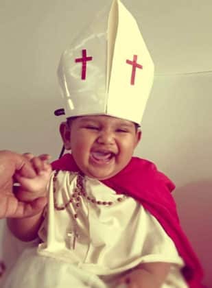 Patron of young Catholics … baby Jordan Scaria appropriately as Pope John Paul II
