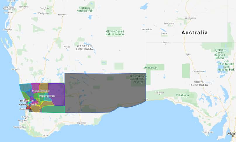 The parishes of the Archdiocese of Perth: the large grey box is the vast outback-mining Parish of Kalgoorlie-Boulder, which extends all the way to the border with South Australia. It is served by just four priests. Illustration: Archdiocese of Perth