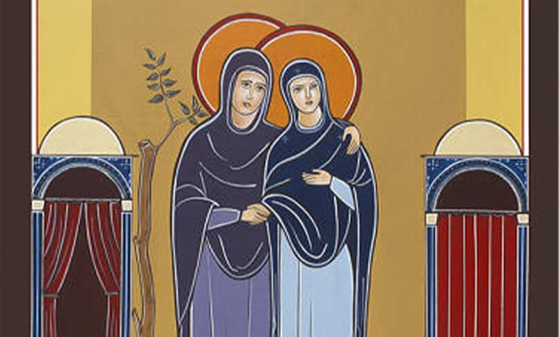 Maronite icon written by Fr Abdo Badwi (USEK, Lebanon) tells the great story of the Visitation of Mary to Elizabeth. Image: Fr Abdo Badwi