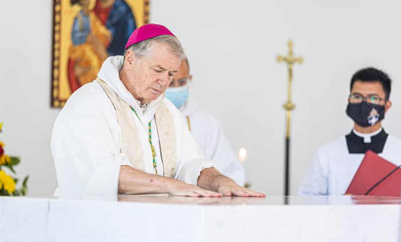 Archbishop Anthony Fisher OP anoints the altar of St Joseph’s in Rosebery with Chrism as he consecrates the church last weekend. Photo: Alphonsus Fok