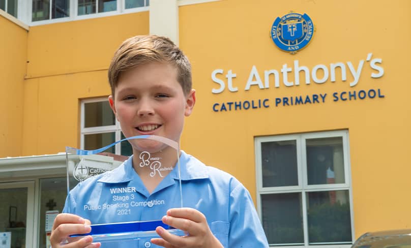 Year 6 student Joseph Sullivan, from St Anthony’s primary, Clovelly, declared the winner of the inaugural Botany-Randwick Public Speaking Competition. Photo: Giovanni Portelli