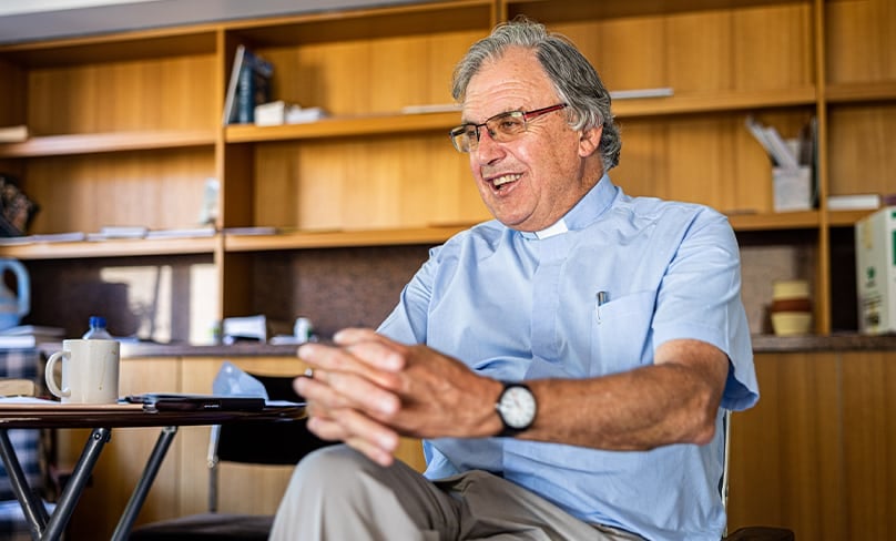 Relevance to daily life: Fr Martin Maunsell relaxes with a cuppa as he is interviewed by The Catholic Weekly. Photo: Alphonsus Fok