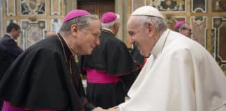 Archbishop Anthony Fisher OP meets with Pope Francis after a meeting of the Congregation for Oriental Churches. Photo: Vatican Media