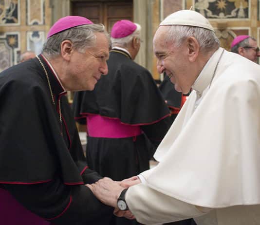 Archbishop Anthony Fisher OP meets with Pope Francis after a meeting of the Congregation for Oriental Churches. Photo: Vatican Media