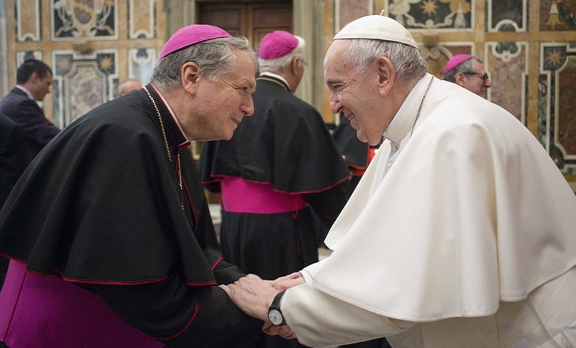 Archbishop Anthony Fisher OP meets with Pope Francis after a meeting of the Congregation for Oriental Churches. Photo: Vatican Media