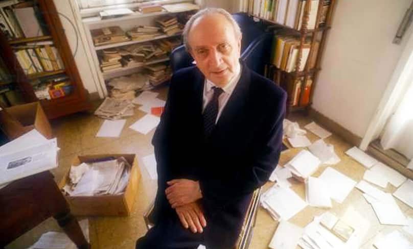 Brillliant - but not necessarily organised. This photo shows del Noce at home in his study surrounded by correspondence, papers and books. Photo: Marcello Mencarini, Bridgeman Images