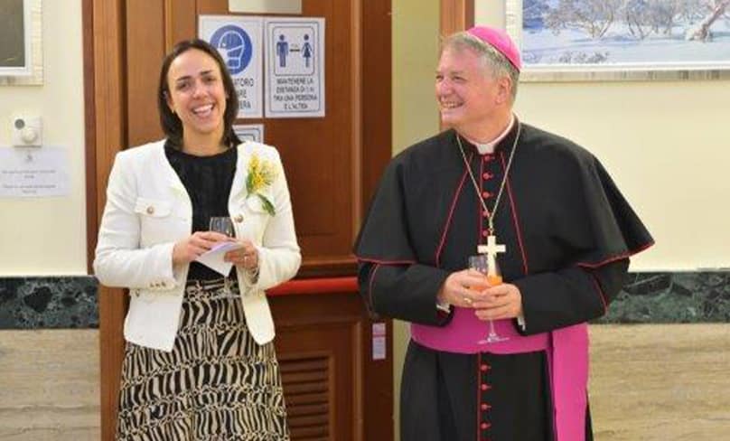 Australia’s Ambassador to the Vatican, Chiara Porro, enjoys the moment with Archbishop Fisher. Photo: Courtesy Domus Australia