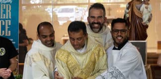 Somascan Religious Fr Navis, Fr Mathew, Fr Chris and Brother Sheldon celebrate two milestones for the community. Photo: Mat De Sousa