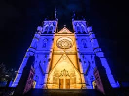 St Mary's Cathedral is lit up in the colours of the Ukrainian Flag. Photo: Giovanni Portelli