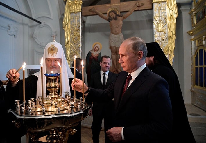 Russian Orthodox Patriarch Kirill of Moscow and Russian President Vladimir Putin at the New Jerusalem Monastery in Istra, outside of Moscow in Russia. Photo: CNS/Sputnik/Alexei Nikolsky/Kremlin via Reuters