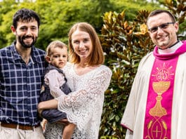 Ready to lead: Justin and Ashleigh Donnelly, with 16-month-old Rosemary and St Patrick’s East Gosford parish Priest Fr Greg Skulski SDS. The Donnellys have signed up as part of the first group to be leaders of the Domestic Church Movement, a program aimed at renewing Catholic family life - and therefore the Church. Photo: ALphonsus Fo