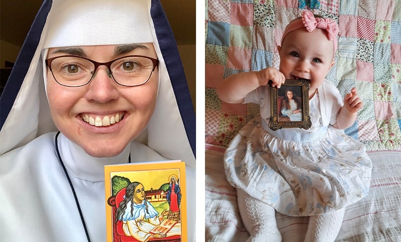 Sister Paschalina Marie holds an image of Servant of God Eileen O’Connor and Baby Gemma Carleton with a portrait of the person many Australians hope will be our next official saint. Photos: Supplied