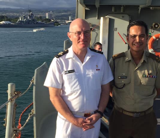 Fr Anthony Crook RAN with fellow chaplian Fr Joel Vergara at the Rim of the Pacific Exercise in Hawaii in 2018. Photo: Supplied