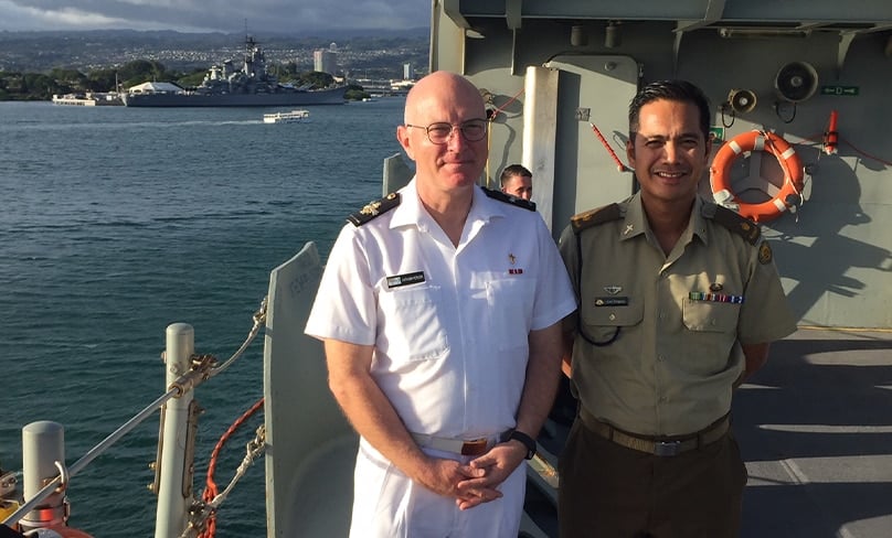 Fr Anthony Crook RAN with fellow chaplian Fr Joel Vergara at the Rim of the Pacific Exercise in Hawaii in 2018. Photo: Supplied