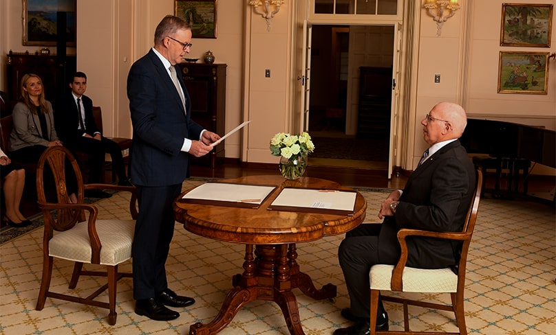 Prime Minister Anthony Albanese is sworn in by Australian Governor-General David Hurley during a ceremony at Government House in Canberra, on Monday 23 May. Photo: AAP, Lukas Coch