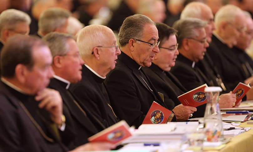 Prelates pray during the 2017 fall general assembly of the U.S. Conference of Catholic Bishops in Baltimore. Photo: CNS/Bob Roller