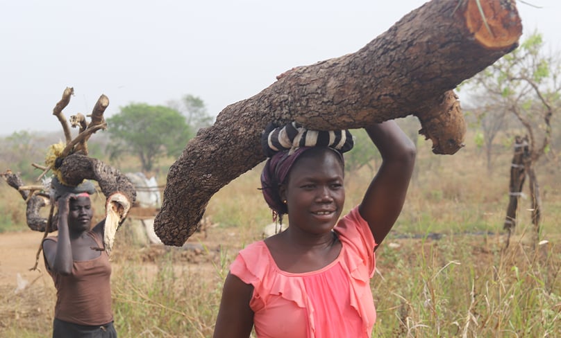 Women carry firewood on their heads in Gulu, Uganda, Jan. 21, 2022. Photo: CNS photo/Tonny Onyulo