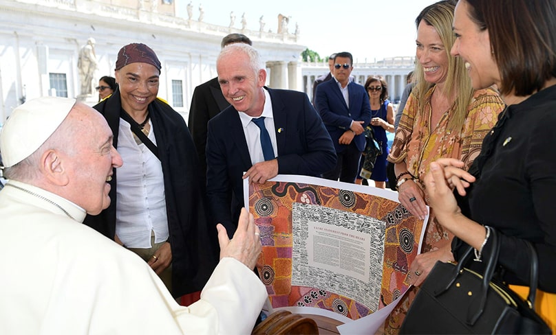 Pope Francis meets, from left to right, Theresa Arbler, Prof Dermot Nestor, Jacqui Remond and Ambassador Chiara Porro. Photo: Vatican Media