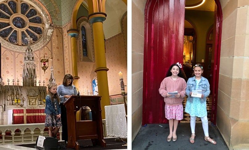 Tilly and her mum reading at Mass, left, and siblings of the Pope Francis students and current students of Fr John Therry School welcoming at Mass.
