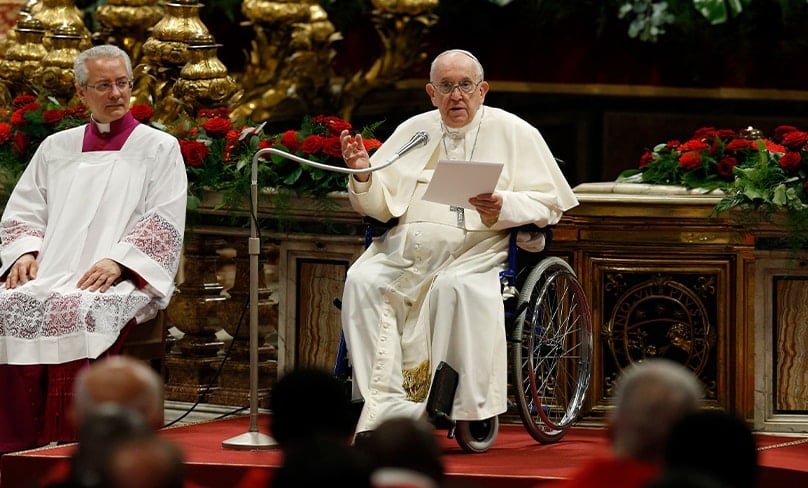 Sitting in a chair due to knee problems, Pope Francis gives the homily as he participates in Mass for the feast of Pentecost in St Peter’s Basilica at the Vatican on 5 June 2022. Phone: CNS, Paul Haring