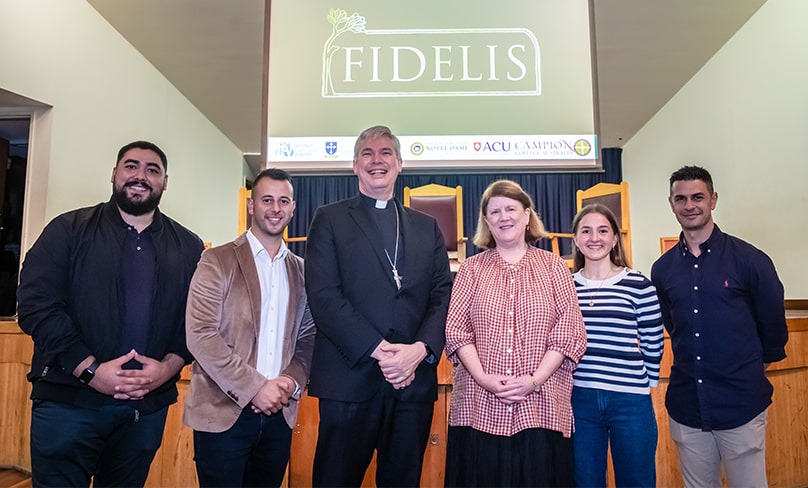 Bishop Richard Umbers and Dr Tracey Rowland with FIDELIS leaders at the launch in April. Photo: Giovanni Portelli