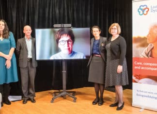 Monica Doumit, left, of the Catholic Archdiocese of Sydney, was MC for the evening. Appearing with her were Patrick O’Reilly, Dr Megan Best, on screen, Patricia Thomas and Dr Maria Cigolini. Photo: Supplied