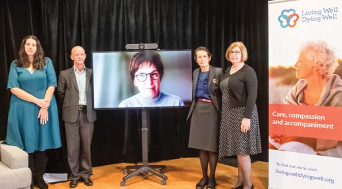 Monica Doumit, left, of the Catholic Archdiocese of Sydney, was MC for the evening. Appearing with her were Patrick O’Reilly, Dr Megan Best, on screen, Patricia Thomas and Dr Maria Cigolini. Photo: Supplied