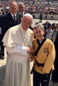 Among Sister Linda Sim's fans is Pope Francis, above.