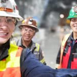 Dr Kathleen Turner and fellow workers smile for the camera nearly two kilometres underground in the Grasberg mine in Papua, Indonesia. Photo: Supplied