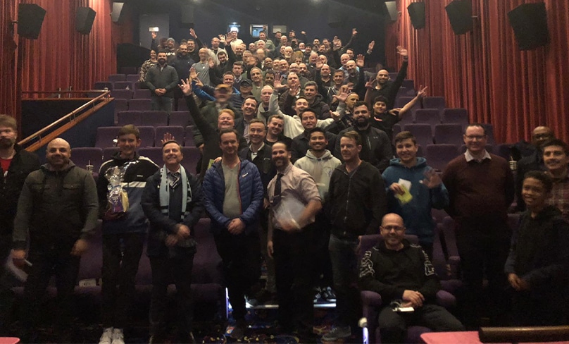 Men gather after a screening of the Hollywood biopic Fr Stu. The evening was organised by Sydney Catholic Schools and St George Family Educators. Photo: Supplied