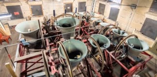 Hung on a wheel for full-circle ringing, the peal of 14 bells located in the central tower are the heaviest in Australia and the third set of bells in the history of the Cathedral which were cast at Whitechapel Bell Foundry in London in 1985. Photo: Giovanni Portelli