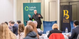 Bishop Richard Umbers addresses young Catholic professionals at the networking breakfast on 8 August. Photo: Giovanni Portelli
