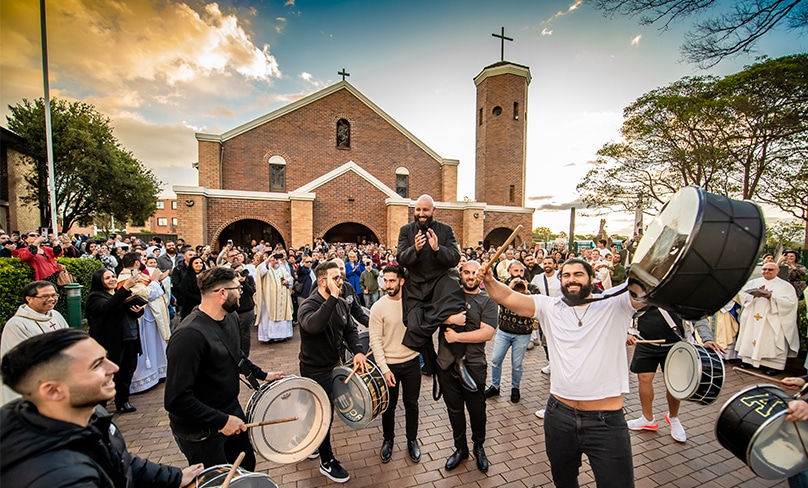 Drummers and musicians perform to welcome Fr Benjamin Saliba following his first Mass. Photo: Giovanni Portelli