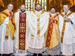 The newly-ordained priests, Frs Gandy, Saliba, Joseph, Simmons and Anderson at St Mary’s Cathedral on 6 August, 2022. Photo: Alphonsus Fok